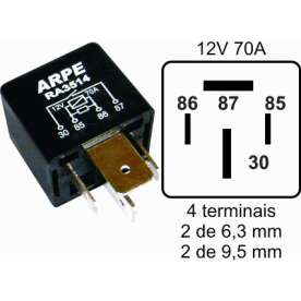 rele auxiliar de potencia para cinza 12v 70a 4term 2 9,5mm 2 6,3mm