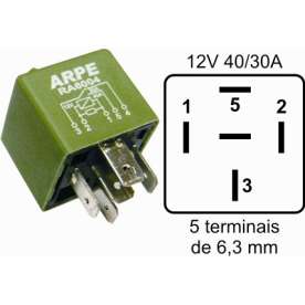 rele auxiliar reversivel para verde claro na/nf 12v 40/30a 5term 6,3mm