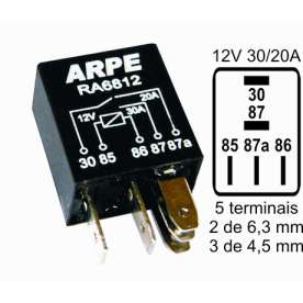 rele auxiliar reversivel para preto na/nf 12v 20/10a 5term 2 6,3mm 3 4,5mm