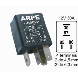 rele auxiliar mini para preto na 12v 30a 4term 2 6,3mm 2 4,5mm